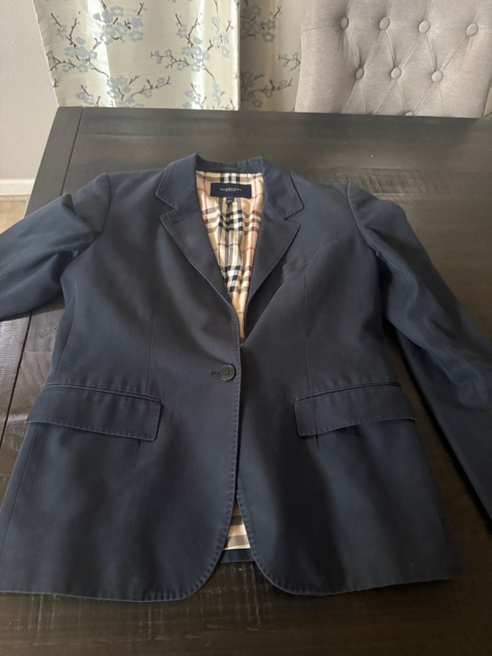 Burberry Navy Single-Button Blazer with Plaid Lining